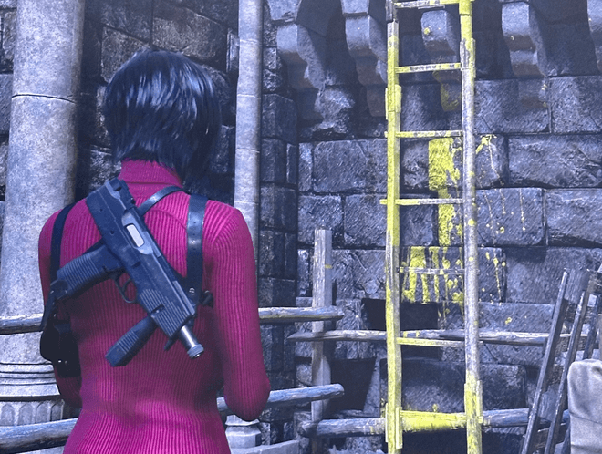 A yellow ladder in a grey scene (Resident Evil)